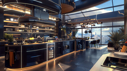 Capture a worms-eye view of a futuristic kitchen using photorealistic digital rendering techniques Show innovative culinary tools and spaces in vibrant, sleek design