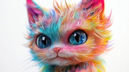 Colorful kitten portrait, vibrant fur, white background, digital art, child's book