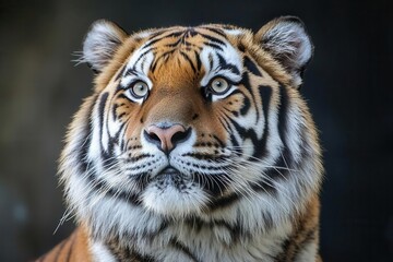 Fototapeta premium majestic siberian tiger portrait in dramatic chiaroscuro lighting, intense eyes, detailed fur texture, studio black background
