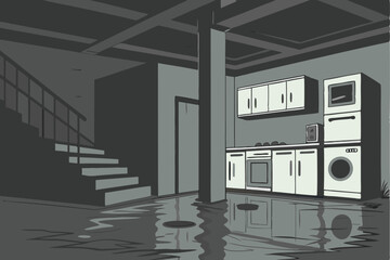  Flooded basement kitchen, standing water, submerged appliances, eerie lighting, reflections on water surface, urban decay, post-apocalyptic atmosphere, damaged furniture, mold-covered walls, disast