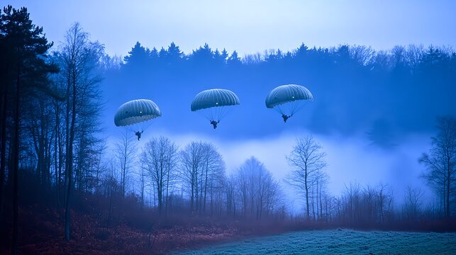 Dramatic Paratroopers Landing in a Foggy Field Captured with 200mm Lens