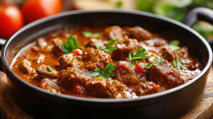 Slow-Cooked Beef Stew with Fresh Herbs in a Cast Iron Skillet