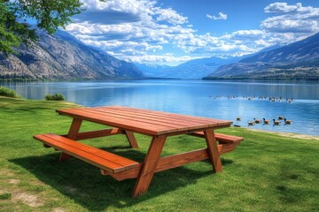 Picnicking at a table with an incredible panorama of Okanagan Lake in British Columbia, Canada