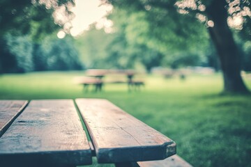 A pair of wooden picnic tables are nestled in a verdant meadow with trees in the background