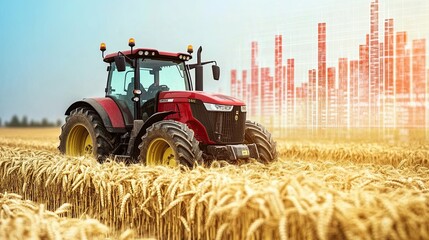 Fototapeta premium A tractor in a wheat field with a stock market graph overlay, symbolizing wheat etfs