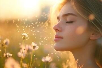 Fototapeta premium A woman sneezing in a sunlit meadow, surrounded by blooming flowers while allergen particles float in the air, teary eyes and discomfort visible, soft pastel tones, sunny and dreamy environment 