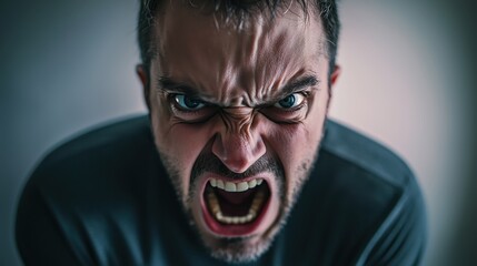 A furious man&rsquo;s face contorts with rage, his mouth wide open in a primal scream, eyes burning with intensity, capturing raw and unfiltered anger.