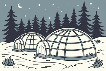 Fototapeta premium Winter wonderland, futuristic glass igloos, snowy forest, cozy illuminated pods, twilight sky, pine trees, luxury resort, curved architecture, Nordic landscape, warm glow from inside, serene atmosp