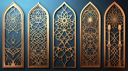 Obraz premium elegantly designed gold metal screen dividers featuring ornate laser-cut arabesque and islamic geometric patterns for luxurious interior design and architectural wall decor