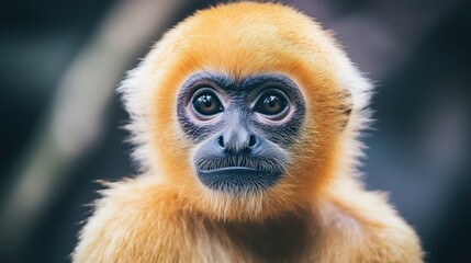Fototapeta premium A close-up portrait of a Yellow Cheeked Gibbon monkey, its distinctive yellow cheeks contrasting beautifully with the lush greenery of the forest around it.