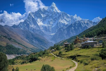 Majestic mountains surround a serene valley with traditional buildings and vibrant prayer flags in the Himalayas