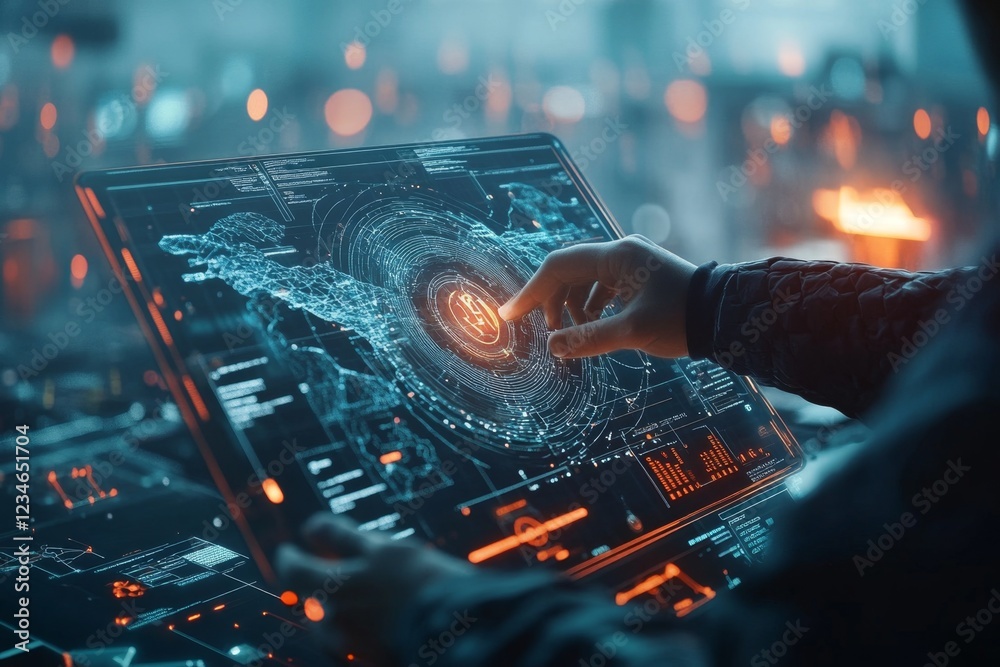 Poster a futuristic holographic checklist hovering in mid-air, with a person interacting with it in a sleek