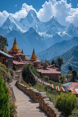 Obraz premium Scenic view of monasteries along a mountain path in Nepal with prayer flags under a blue sky