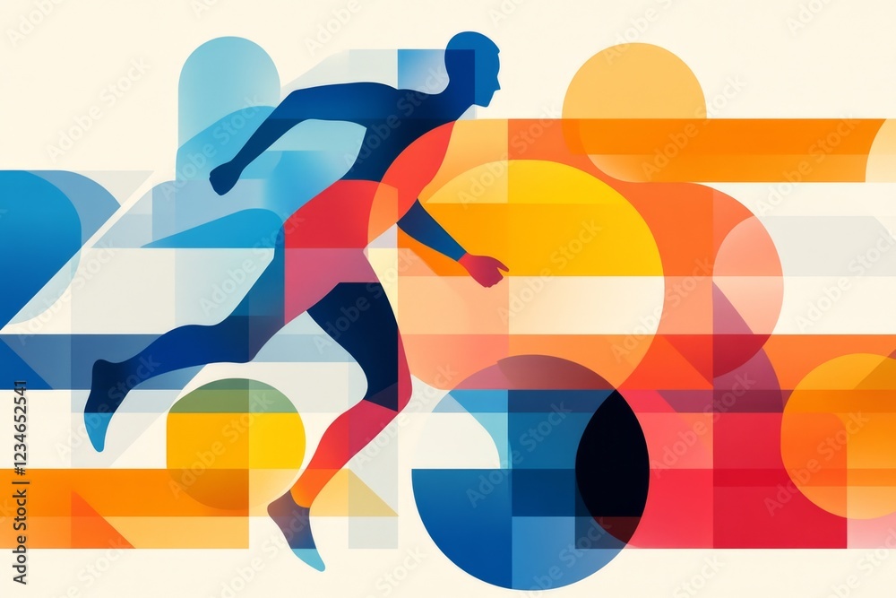 Aufkleber a geometric depiction of a running athlete in motion, with simple lines and bold colors capturing en