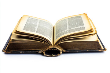 Obraz premium Open antique book with many yellowed pages. It is leather bound and has an ornate, woven spine, white background
