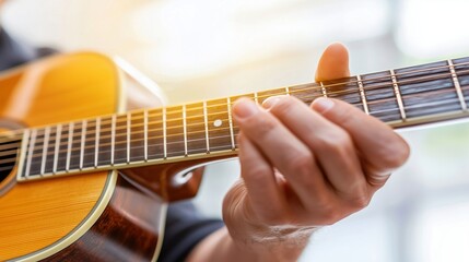 Obraz premium A close-up of a musician’s hands playing an acoustic guitar, capturing the details of the strings, frets, and sunlight reflections. Ideal for music, creativity, and artistic inspiration.