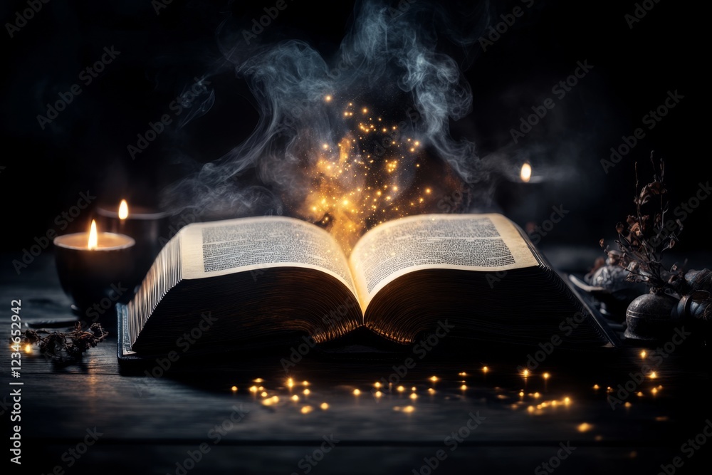 Poster a gothic depiction of an ancient book with glowing pages, revealing the significant events of a dark