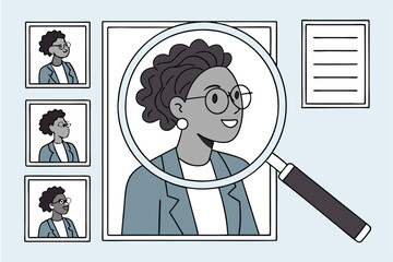 Corporate headshots, diverse workforce, magnifying glass focus, young African American woman, curly hair, friendly smile, light blue background, professional attire, gray blazer, recruitment concep