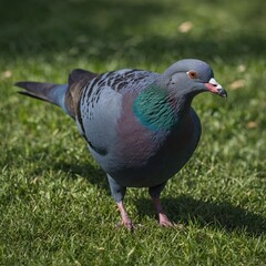 Obraz premium A joyful blue pigeon with a rounded beak, playing with a leaf on a vibrant green grassy background.