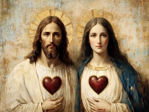 Jesus and Mary with sacred hearts on their chests. AI generative.
