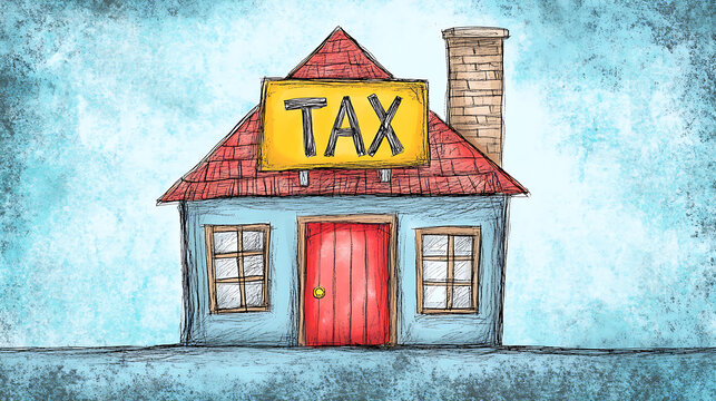 Hand Drawn Illustration Of A House With A Tax Sign On The Roof