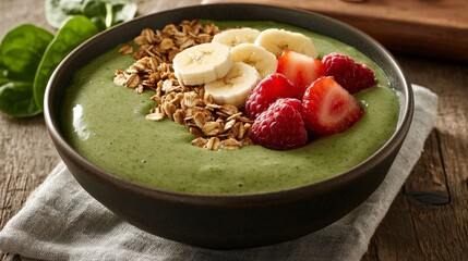 Fresh Green Smoothie Bowl with Banana, Granola, and Berries on Wooden Table