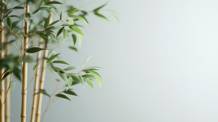 Obraz premium Close up view of bamboo stalks with lush green leaves against a minimalist light gray background. The image evokes serenity and natural simplicity