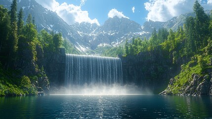 Fototapeta premium Majestic Waterfall cascading into a serene mountain lake, surrounded by lush greenery and snow-capped peaks under a bright sunny sky.