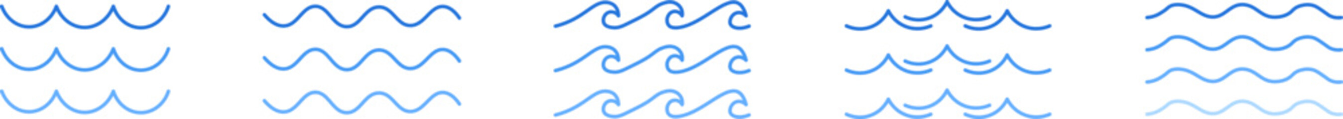 Blue sea Wave Icon Set, Thin blue Line Waves Collection, Water, Lake, River, Ocean Symbols, Abstract Seamless Line Pattern, Vector Outline Water Logo, Ocean & Sea Icons.