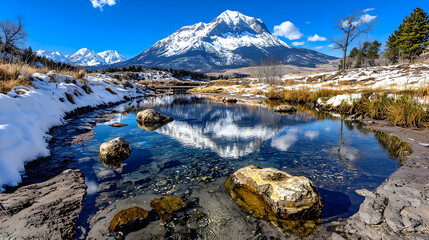Snowy mountain reflection in calm river