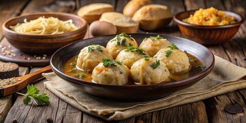Steaming hot sauerkraut dumplings served with a side of tangy mustard and crispy bread croutons, dumpling