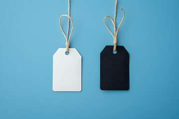Blank Tags Hanging on Twine Against a Blue Background