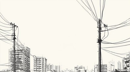 Urban landscape with power lines and buildings under a clear sky, depicting a quiet city scene