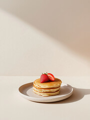 A minimalistic and elegant food composition featuring a stack of golden-brown pancakes placed on a ceramic plate. The pancakes are topped with strawberries and honey drizzle, 