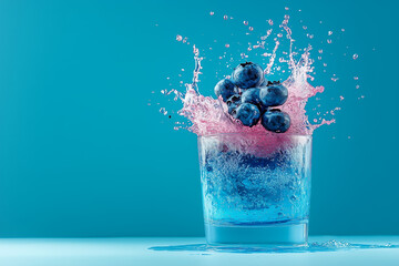 Refreshing splash of blueberries in vibrant blue drink creating artistic water droplets on a bright background