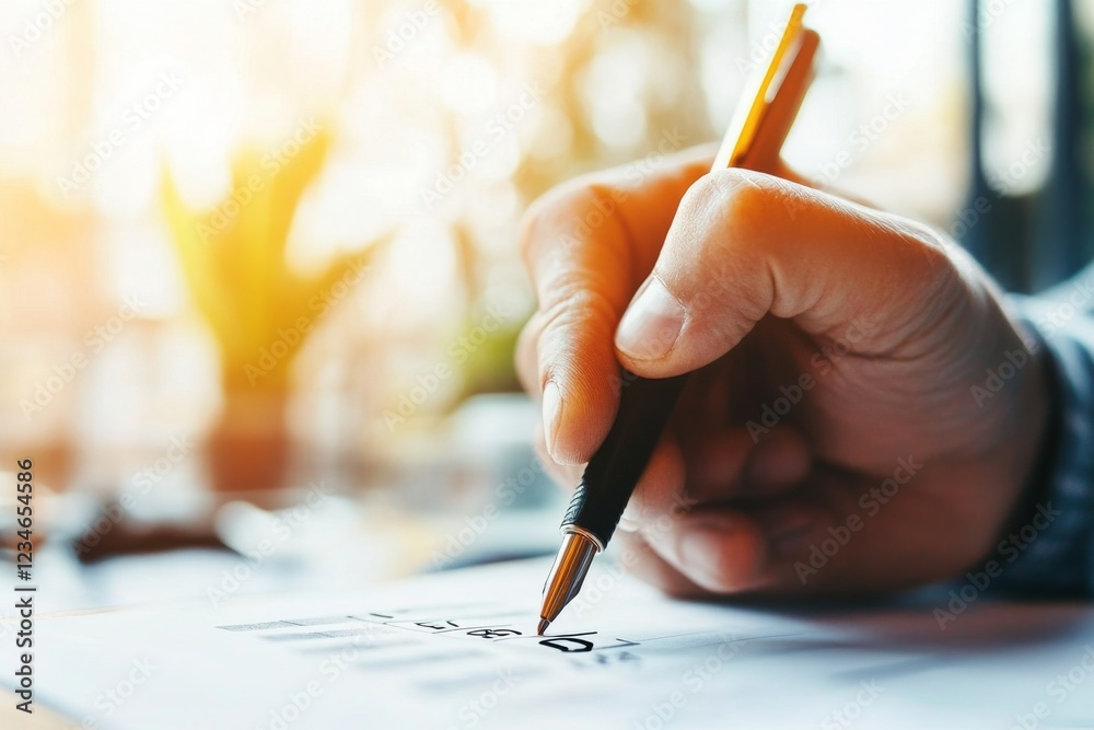 Poster a hyper-realistic close-up of a person hand holding a pen poised to check off a box on a paper check