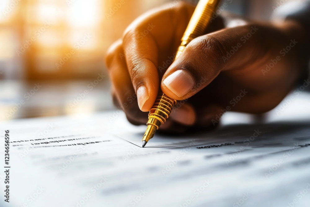 Poster a hyper-realistic close-up of a person hand holding a pen poised to check off a box on a paper check