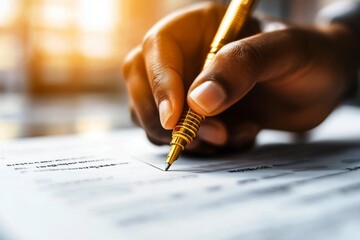 A hyper-realistic close-up of a person hand holding a pen poised to check off a box on a paper checklist, with fine details of the ink, paper texture, and hand lines