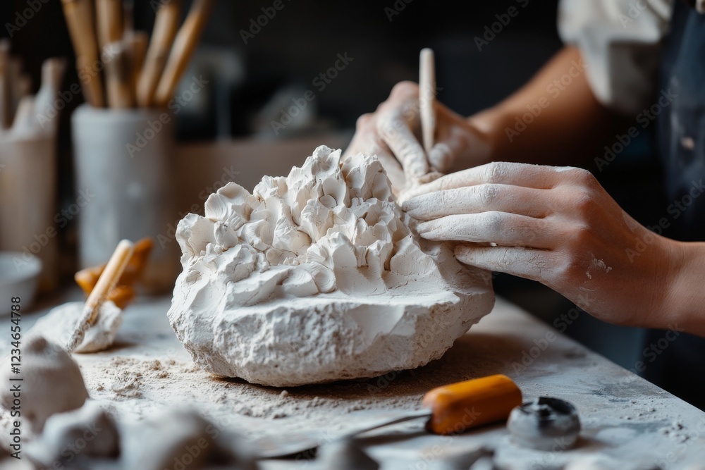 Poster A hyper-realistic close-up of a sculptor hands shaping clay into a detailed figurine, with intricate textures and the soft light of a workshop