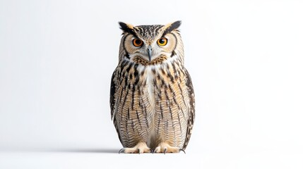 Fototapeta premium A majestic owl with striking orange eyes and intricate brown and beige speckled feathers is captured in a close up studio shot against a stark white