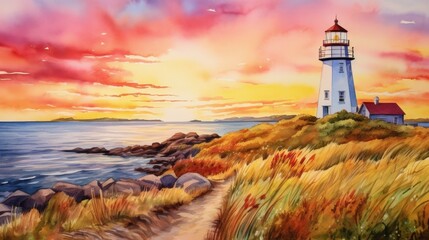 Fototapeta premium Serene Watercolor Lighthouse at Sunset Over Calm Waters with Vibrant Sky and Golden Landscape, Capturing Tranquility and Beauty of Nature