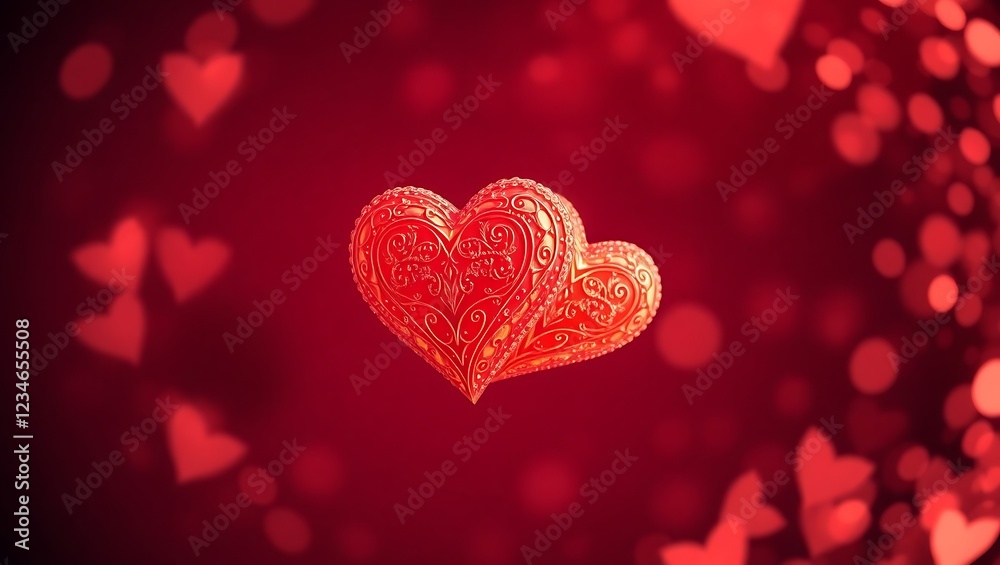 Fototapete two hearts for valentines day. horizontal romantic red background with glittering and sparkling boke