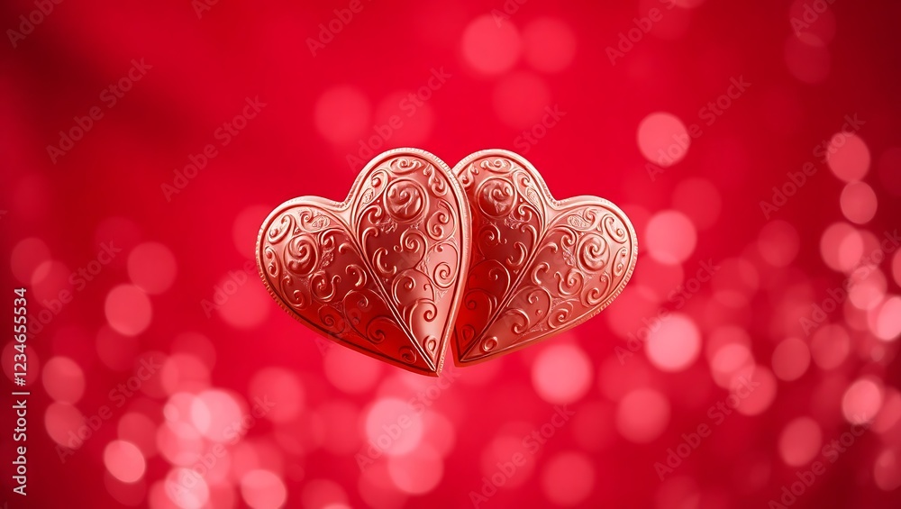 Fototapete two hearts for valentines day. horizontal romantic red background with glittering and sparkling boke