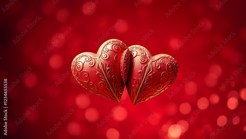 Fototapete two hearts for valentines day. horizontal romantic red background with glittering and sparkling boke