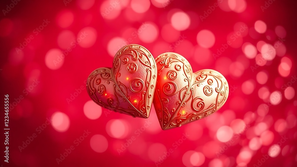 Fototapete two hearts for valentines day. horizontal romantic red background with glittering and sparkling boke