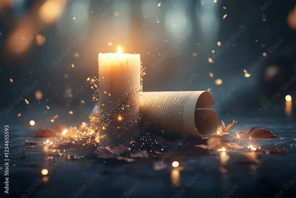 Poster A magical scroll glowing with golden light, listing the significant accomplishments of a legendary hero in an enchanted setting with floating candles
