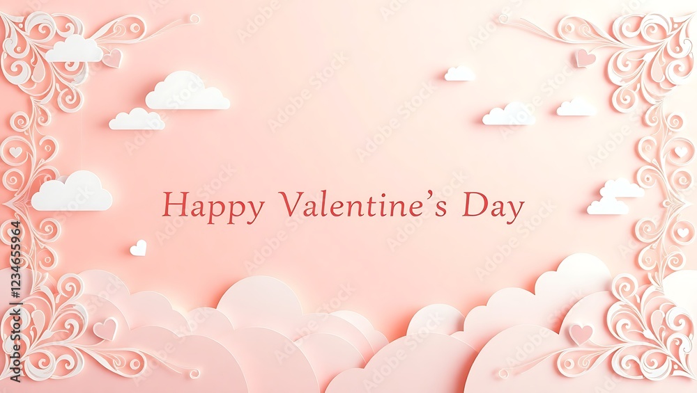 Fototapete horizontal banner with pink sky and paper cut clouds. place for text. happy valentine's day sale hea