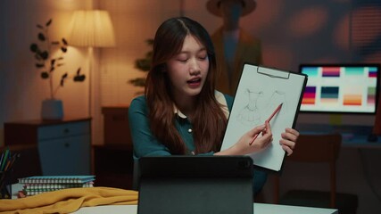 Young asian woman fashion designer teaching online course, drawing clothes sketches on clipboard and explaining via video call on tablet computer in home studio at night - Powered by Adobe
