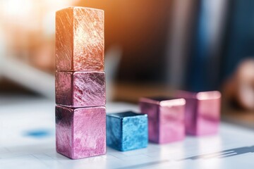 A minimalist bar graph with one bar towering substantially above the others, drawn in bold, vibrant colors on a clean white canvas