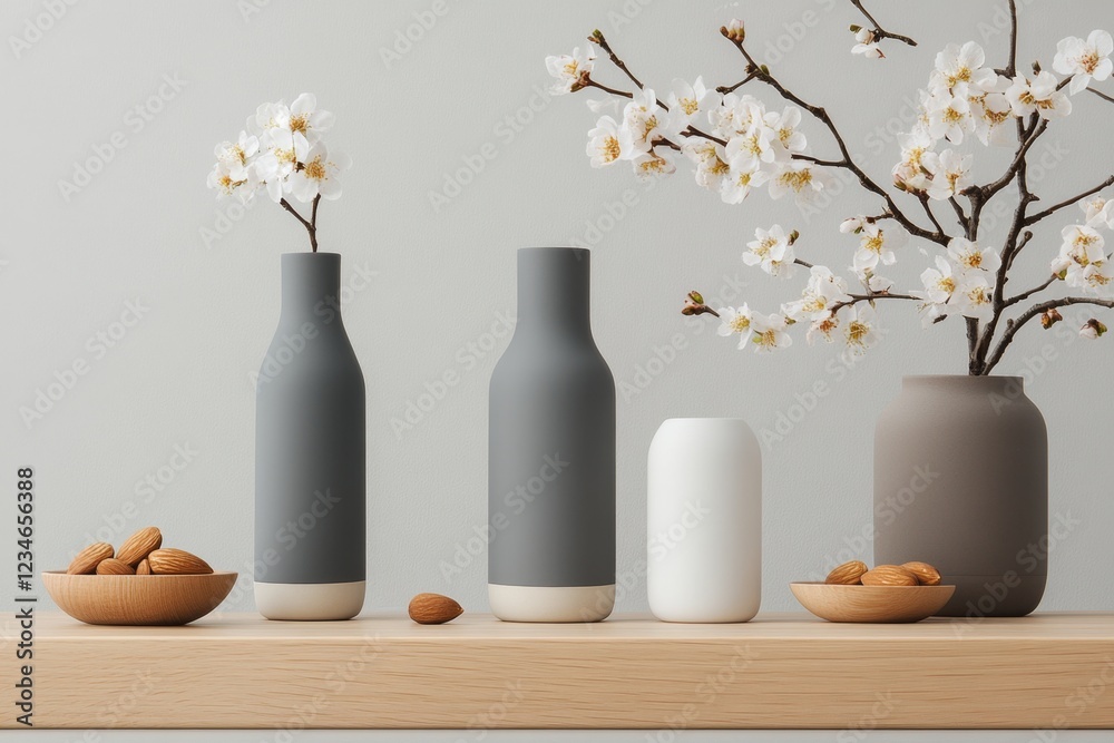 Poster A minimalist design featuring a simple object, like a milk bottle, replaced with a single almond in the shape of the bottle, symbolizing substitution